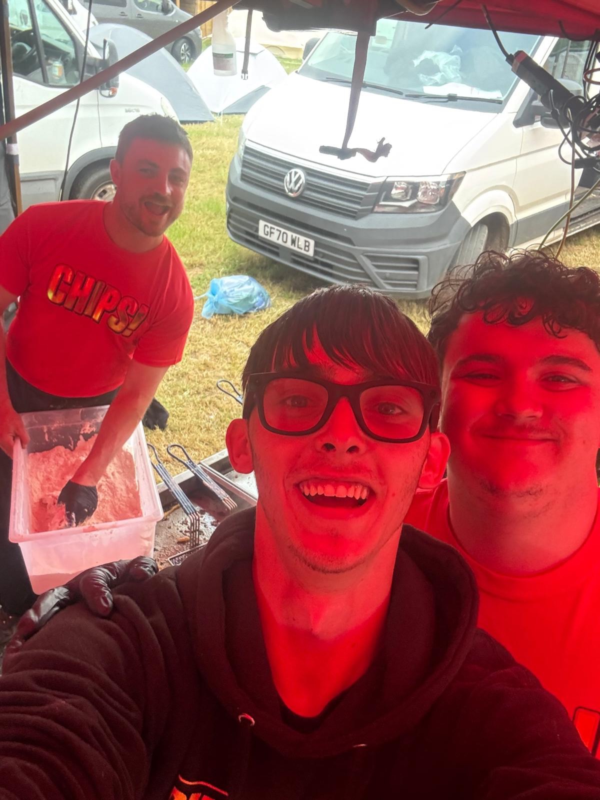 Selfie inside the red Chips! stall with the crew prepping behind